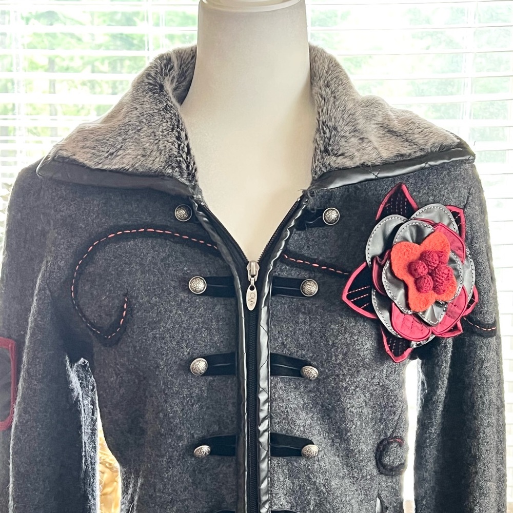 Cove Dark Gray Wool Utility Jacket with Red Trim & Flower Accent - Picture 2 of 5